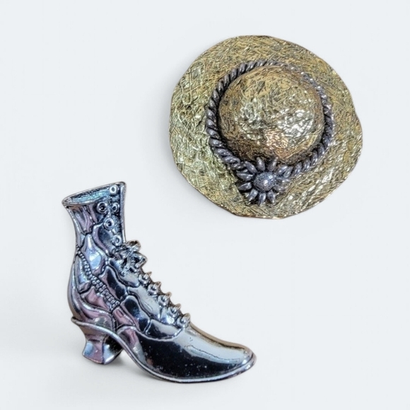 Set of 2 Vintage Brooches Premier Design Hat Pin 1929 Victoria Boot Pin - Picture 1 of 8